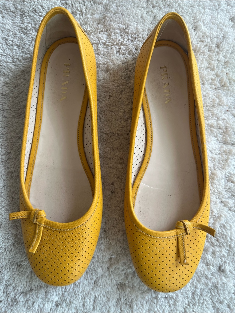 Prada Yellow Perforated Leather Bow Ballet Flats